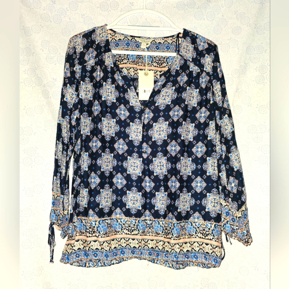 Lucky Brand Paisley Medallion Print Peasant Blouse Large Navy Blue Boho Hippie